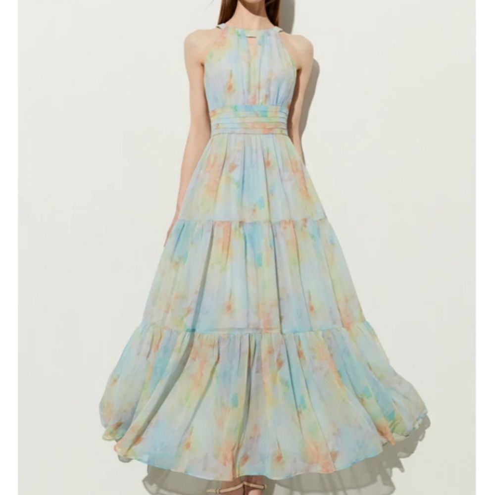 Halter Neck Ruffle Maxi Dress With Adjustable Neck Tie Size Small